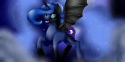 Size: 8000x4000 | Tagged: safe, artist:shadow-nights, derpibooru import, nightmare moon, princess luna, alicorn, pony, absurd resolution, bat wings, duality, ethereal mane, eye clipping through hair, fangs, female, halloween, holiday, looking at you, mare, nightmare night, signature, smiling, solo, starry mane, starry night, wings