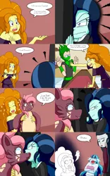 Size: 2000x3200 | Tagged: safe, artist:jake heritagu, derpibooru import, adagio dazzle, chancellor neighsay, sonata dusk, oc, oc:dolly dusk, oc:ninja brad, oc:rux, comic:aria's archives, equestria girls, clothes, comic, dagger to the heart, dialogue, dress, equestria girls-ified, female, laughing, male, nom, parent:chancellor neighsay, parent:sonata dusk, plushie, sonata needs all of her ass kicked, speech bubble