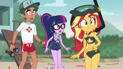 Size: 800x450 | Tagged: safe, derpibooru import, screencap, sci-twi, sunset shimmer, timber spruce, twilight sparkle, equestria girls, equestria girls series, unsolved selfie mysteries, animated, belly button, bikini, clothes, cowering, diving goggles, geode of empathy, geode of telekinesis, gif, lifeguard timber, magical geodes, midriff, ponytail, scared, sleeveless, snorkel, swimsuit, terrified