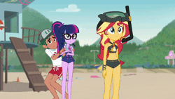 Size: 800x450 | Tagged: safe, derpibooru import, screencap, sci-twi, sunset shimmer, timber spruce, twilight sparkle, equestria girls, equestria girls series, unsolved selfie mysteries, animated, belly button, bikini, clothes, embarrassed, frown, geode of empathy, geode of telekinesis, gif, legs, lifeguard timber, looking at each other, looking away, magical geodes, midriff, scared, sleeveless, swimsuit, unamused