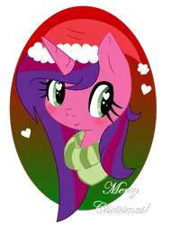 Size: 981x1297 | Tagged: safe, artist:darbypop1, derpibooru import, oc, oc:alyssa rice, pony, unicorn, base used, bust, christmas, female, hat, heart eyes, holiday, mare, portrait, santa hat, solo, wingding eyes