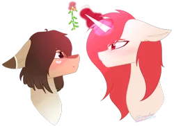 Size: 1274x928 | Tagged: safe, artist:okimichan, derpibooru import, oc, oc:claire, oc:red ace, unofficial characters only, earth pony, pony, unicorn, bust, female, lesbian, magic, mare, mistletoe, oc x oc, portrait, shipping, simple background, transparent background