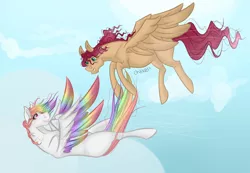 Size: 1280x887 | Tagged: safe, artist:chakraxx, derpibooru import, oc, oc:melody shy, oc:sky prism, unofficial characters only, pegasus, pony, blank flank, colored wings, duo, female, filly, flying, multicolored hair, multicolored wings, next generation, offspring, parent:big macintosh, parent:double diamond, parent:fluttershy, parent:rainbow dash, parents:doubledash, parents:fluttermac, rainbow feathers, rainbow hair, rainbow wings, signature, upside down, wings