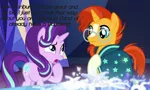 Size: 720x432 | Tagged: clothes, cutie map, derpibooru import, duo, edit, edited screencap, female, glasses, male, mare, mouthpiece, not shipping, open mouth, safe, screencap, stallion, starlight glimmer, sunburst, text, text edit