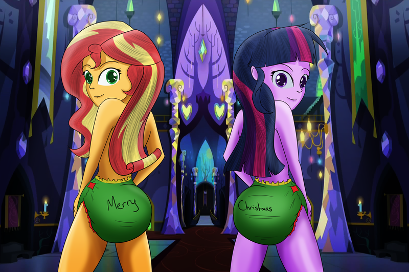 Size: 6164x4093 | Tagged: suggestive, artist:diaperednight, derpibooru import, sci-twi, sunset shimmer, twilight sparkle, equestria girls, abdl, absurd resolution, balcony, banner, candle, castle, christmas, corridor, crystal, diaper, diaper fetish, door, female, fetish, furniture, gem, hallway, heart, holiday, indoors, lesbian, pattern, pillar, poofy diaper, rug, scitwishimmer, shipping, stained glass, stairs, standing, sunsetsparkle, text, tree, twilight's castle, wall of tags, window