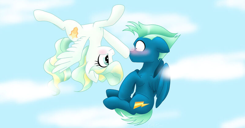 Size: 1024x539 | Tagged: safe, artist:mimicproductions, derpibooru import, sky stinger, vapor trail, pegasus, pony, blushing, boop, cloud, duo, female, flying, male, mare, shipping, shrunken pupils, sky, smiling, spread wings, stallion, straight, upside down, vaporsky, wings
