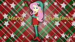 Size: 6830x3840 | Tagged: safe, artist:legendaryspider, derpibooru import, fluttershy, elf, equestria girls, bedroom eyes, bells, christmas, clothes, elf costume, elf hat, female, hand on hip, hat, hearth's warming eve, holiday, holly, leggings, legs, looking at you, mistletoe, shoes, show accurate, simple background, skirt, smiling, solo, watermark, wrapping paper