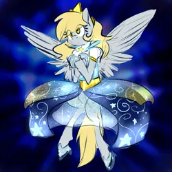 Size: 1024x1024 | Tagged: safe, artist:pocketyhat, derpibooru import, derpy hooves, pegasus, pony, abstract background, clothes, cutie mark, dress, eye clipping through hair, female, flying, hairpin derpy, jewelry, mare, slippers, solo, tiara