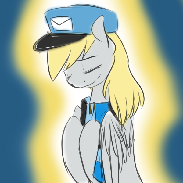 Size: 600x600 | Tagged: safe, artist:pocketyhat, derpibooru import, derpy hooves, pegasus, pony, abstract background, clothes, eyes closed, female, hat, mare, scarf, scarf derpy, smiling, solo