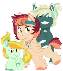 Size: 891x1001 | Tagged: safe, artist:dbkit, derpibooru import, dumbbell, rainbow dash, oc, oc:cherry bomber, oc:hightide, oc:kite runner, earth pony, pegasus, pony, 2019 community collab, derpibooru community collaboration, colt, female, filly, headband, jewelry, looking at you, male, necklace, new, next generation, offspring, one eye closed, parent:dumbbell, parent:rainbow dash, parents:dumbdash, siblings, simple background, transparent background, wink