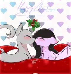 Size: 944x984 | Tagged: safe, artist:nekoremilia1, derpibooru import, oc, oc:chia scarlet, oc:kuku, pony, vampire, christmas, couple, fantaslone, holiday, holly, holly mistaken for mistletoe, love, simple background, species