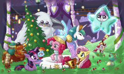 Size: 1100x660 | Tagged: safe, artist:alexmakovsky, derpibooru import, derpy hooves, discord, fluttershy, holly the hearths warmer doll, pinkie pie, prince rutherford, princess celestia, princess flurry heart, rainbow dash, twilight sparkle, twilight sparkle (alicorn), alicorn, earth pony, pegasus, pony, winterchilla, yak, best gift ever, animated, candle, candy, candy cane, christmas, christmas tree, cookie, female, filly, food, gif, holiday, male, mare, pudding, puddinghead's pudding, stallion, star flurry heart, tree, trophy, winterzilla