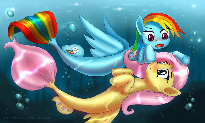 Size: 1600x960 | Tagged: safe, artist:alexmakovsky, derpibooru import, fluttershy, rainbow dash, pegasus, pony, seapony (g4), blushing, boop, bubble, cute, female, flutterdash, image, jpeg, lesbian, mare, open mouth, seaponified, seapony fluttershy, seapony rainbow dash, shipping, species swap, underwater, water