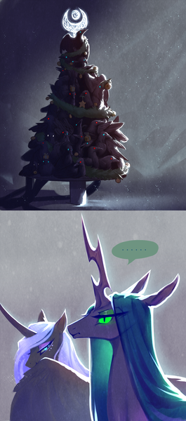 Size: 930x2104 | Tagged: ..., artist:begasus, changedling, changeling, christmas, christmas tree, chrysmoon, derpibooru import, female, holiday, lesbian, nightmare moon, queen chrysalis, safe, shipping, tree