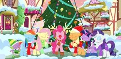 Size: 3492x1718 | Tagged: applejack, artist:porygon2z, bell, candy, candy cane, christmas, derpibooru import, fluttershy, food, hearth's warming, hearth's warming tree, holiday, mane seven, mane six, pinkie pie, rainbow dash, rarity, red nose, safe, singing, snow, song, spike, tree, twilight sparkle, wreath