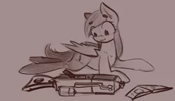 Size: 1620x937 | Tagged: safe, artist:itspencilguy, derpibooru import, oc, oc:tailwind, pegasus, pony, fallout equestria, fallout equestria: frozen skies, cutie mark, energy weapon, fanfic art, female, gun, hooves, laser rifle, looking at something, lying down, magical energy weapon, mare, monochrome, prone, sketch, smiling, solo, weapon, wings