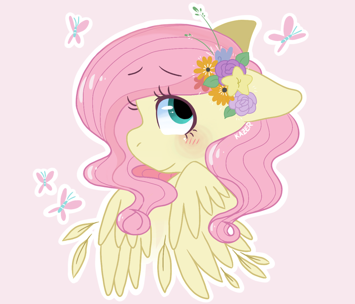 Size: 1400x1200 | Tagged: safe, artist:kazeronda, derpibooru import, fluttershy, butterfly, pegasus, pony, blushing, bust, cute, female, floppy ears, flower, flower in hair, hair ornament, looking away, looking up, mare, outline, pink background, portrait, profile, shyabetes, simple background, solo, white outline, wings