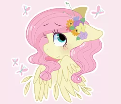 Size: 1400x1200 | Tagged: safe, artist:kazeronda, derpibooru import, fluttershy, butterfly, pegasus, pony, blushing, bust, cute, female, floppy ears, flower, flower in hair, hair ornament, looking away, looking up, mare, outline, pink background, portrait, profile, shyabetes, simple background, solo, white outline, wings