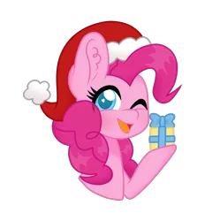 Size: 2470x2479 | Tagged: safe, artist:superanina, derpibooru import, pinkie pie, earth pony, pony, christmas, cute, diapinkes, female, hat, holiday, mare, one eye closed, present, santa hat, simple background, smiling, solo, transparent background, wink