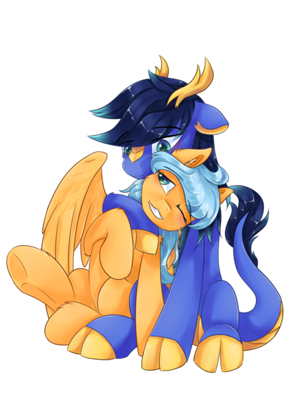 Size: 2480x3507 | Tagged: safe, artist:dragonblue, artist:peace anya, derpibooru import, oc, oc:anya, oc:fire wind, pony, 2019 community collab, derpibooru community collaboration, hug, oc x oc, shipping, simple background, transparent background