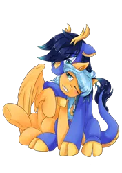 Size: 2480x3507 | Tagged: safe, artist:dragonblue, artist:peace anya, derpibooru import, oc, oc:anya, oc:fire wind, pony, 2019 community collab, derpibooru community collaboration, hug, oc x oc, shipping, simple background, transparent background