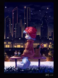 Size: 1800x2425 | Tagged: safe, artist:luciferamon, derpibooru import, coco pommel, earth pony, pony, bench, candy, candy cane, city, cityscape, female, food, mare, night, scenery, skyscraper, snow, solo, winter