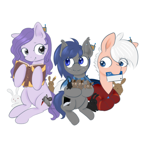 Size: 5000x5000 | Tagged: safe, artist:afuna, derpibooru import, oc, oc:afuna, oc:lative, oc:midnight feathers, bat, bat pony, bird, earth pony, parrot, pony, rabbit, 2019 community collab, derpibooru community collaboration, absurd resolution, animal, armor, book, clothes, console, cutie mark, feather, female, freckles, keycard, lying, male, omnicard, scarf, scp, screen, simple background, sitting, thaumonomicon, transparent background, wrench