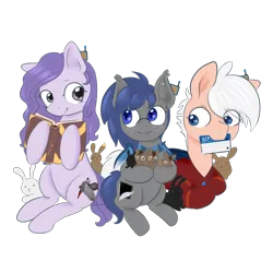 Size: 5000x5000 | Tagged: safe, artist:afuna, derpibooru import, oc, oc:afuna, oc:lative, oc:midnight feathers, bat, bat pony, bird, earth pony, parrot, pony, rabbit, 2019 community collab, derpibooru community collaboration, absurd resolution, animal, armor, book, clothes, console, cutie mark, feather, female, freckles, keycard, lying, male, omnicard, scarf, scp, screen, simple background, sitting, thaumonomicon, transparent background, wrench