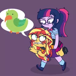 Size: 1378x1378 | Tagged: safe, artist:psychodiamondstar, derpibooru import, sci-twi, sunset shimmer, twilight sparkle, bird, parakeet, equestria girls, equestria girls series, rollercoaster of friendship, angry, female, it's not about the parakeet, lesbian, scitwishimmer, shipping, sunsetsparkle, unamused