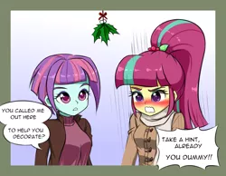 Size: 1000x776 | Tagged: safe, artist:twilite-sparkleplz, derpibooru import, sour sweet, sunny flare, equestria girls, blushing, clothes, comically missing the point, female, holly, holly mistaken for mistletoe, lesbian, oblivious, scarf, sexually oblivious, shipping, sourflare, sweater