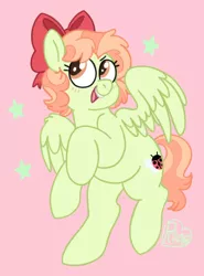 Size: 453x613 | Tagged: safe, artist:sandwichbuns, derpibooru import, oc, oc:ladybird, pegasus, pony, bow, female, hair bow, magical lesbian spawn, mare, offspring, parent:fluttershy, parent:rainbow dash, parents:flutterdash, solo