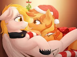 Size: 2828x2121 | Tagged: safe, artist:novaintellus, derpibooru import, oc, oc:serenity, oc:white feather, unofficial characters only, pegasus, pony, female, looking at each other, mistletoe, serenither, smiling
