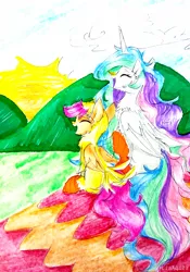 Size: 1738x2489 | Tagged: safe, artist:liaaqila, derpibooru import, princess celestia, scootaloo, alicorn, pegasus, pony, animal costume, chest fluff, chicken suit, clothes, costume, cute, cutealoo, ear fluff, female, filly, fluffy, happy, laughing, mare, missing accessory, neck fluff, open mouth, scootachicken, shoulder fluff, sillestia, silly, silly pony, sitting, smiling, sunrise, traditional art