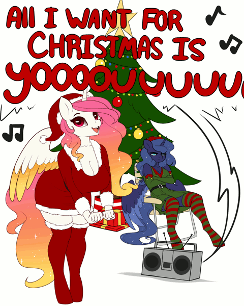 Size: 2000x2500 | Tagged: safe, artist:evehly, derpibooru import, princess celestia, princess luna, alicorn, anthro, unguligrade anthro, adorasexy, all i want for christmas is you, animated, annoyed, arm boob squeeze, big breasts, breasts, busty princess celestia, busty princess luna, caption, chair, christmas, christmas ornament, cleavage, clothes, costume, crossed arms, cute, cutelestia, dancing, decoration, duo, elf costume, evening gloves, female, folding chair, gif, gif with captions, gloves, hat, holiday, kneesocks, long gloves, looking at you, luna is not amused, mare, mariah carey, music, ornament, pouting, present, radio, royal sisters, santa costume, santa hat, sexy, siblings, sillestia, silly, singing, sisters, sitting, socks, striped socks, unamused, zettai ryouiki