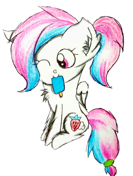 Size: 2079x2756 | Tagged: safe, artist:sumi-mlp25, derpibooru import, edit, oc, oc:strawberry breeze, unofficial characters only, pegasus, pony, 2019 community collab, derpibooru community collaboration, cute, food, one eye closed, ponytail, popsicle, simple background, solo, traditional art, transparent background, wink