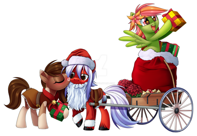 Size: 1920x1327 | Tagged: safe, artist:centchi, derpibooru import, oc, oc:axel rose, oc:sheriff pinto, oc:tropical smoothie, unofficial characters only, pony, cart, christmas, clothes, costume, deviantart watermark, female, holiday, kissing, male, mare, obtrusive watermark, present, santa costume, simple background, stallion, transparent background, trio, watermark