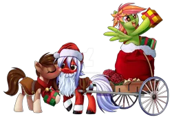 Size: 1920x1327 | Tagged: safe, artist:centchi, derpibooru import, oc, oc:axel rose, oc:sheriff pinto, oc:tropical smoothie, unofficial characters only, pony, cart, christmas, clothes, costume, deviantart watermark, female, holiday, kissing, male, mare, obtrusive watermark, present, santa costume, simple background, stallion, transparent background, trio, watermark