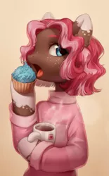 Size: 1899x3063 | Tagged: safe, artist:aphphphphp, derpibooru import, oc, oc:ginger, unofficial characters only, earth pony, pony, clothes, cupcake, eating, female, food, freckles, hoof hold, mare, mug, open mouth, sweater, tea, teabag