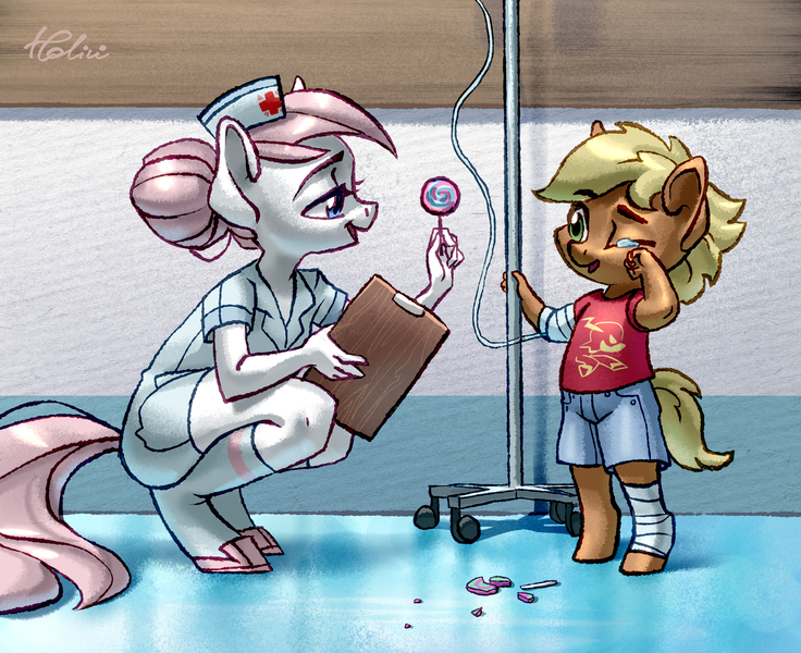 Size: 2343x1911 | Tagged: safe, artist:holivi, derpibooru import, nurse redheart, anthro, earth pony, unguligrade anthro, adoredheart, bandage, candy, cheering up, clipboard, clothes, colt, cute, daaaaaaaaaaaw, eye contact, female, foal, food, happy, heartabetes, heartwarming, iv drip, lidded eyes, lollipop, looking at each other, male, mare, open mouth, shorts, smiling, squatting, sweet dreams fuel, teary eyes, wholesome