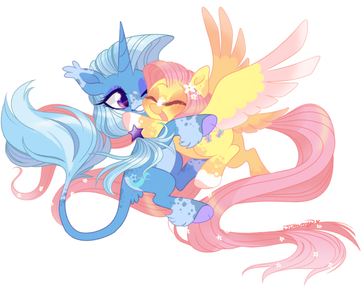 Size: 2500x2000 | Tagged: safe, artist:nemovonsilver, derpibooru import, fluttershy, trixie, classical unicorn, pegasus, pony, unicorn, cloven hooves, colored wings, colored wingtips, dappled, ear tufts, eyes closed, female, flower, flower in hair, flying, freckles, glomp, grin, happy, hug, leonine tail, lesbian, lidded eyes, mare, one eye closed, ponytail, shipping, simple background, smiling, socks (coat marking), spread wings, tail feathers, tail fluff, transparent background, trixieshy, unshorn fetlocks, wings, wink