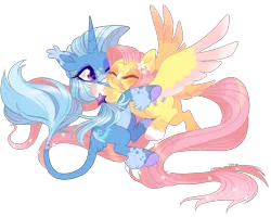 Size: 2500x2000 | Tagged: safe, artist:nemovonsilver, derpibooru import, fluttershy, trixie, classical unicorn, pegasus, pony, unicorn, cloven hooves, colored wings, colored wingtips, dappled, ear tufts, eyes closed, female, flower, flower in hair, flying, freckles, glomp, grin, happy, hug, leonine tail, lesbian, lidded eyes, mare, one eye closed, ponytail, shipping, simple background, smiling, socks (coat marking), spread wings, tail feathers, tail fluff, transparent background, trixieshy, unshorn fetlocks, wings, wink