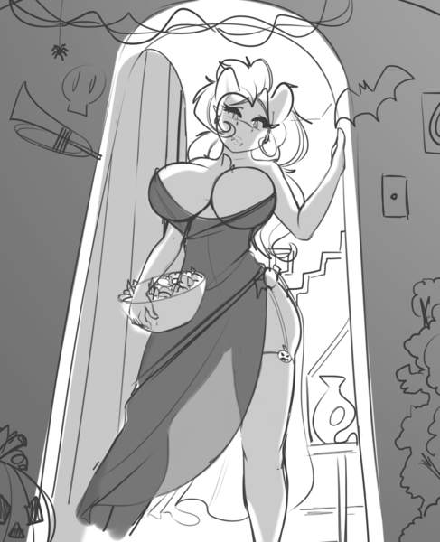 Size: 2036x2508 | Tagged: absolute cleavage, anthro, artist:sugarlesspaints, big breasts, breasts, busty pinkie pie, cleavage, clothes, derpibooru import, dress, female, grayscale, halloween, holiday, monochrome, nightmare night, pinkie pie, questionable, see-through, solo, solo female