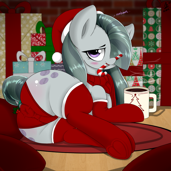 Size: 2000x2000 | Tagged: questionable, artist:aer0 zer0, derpibooru import, marble pie, earth pony, pony, art pack:clop for a cause 3, anus, anus cameltoe, blushing, butt, cameltoe, candy, candy cane, clothes, cup, drink, female, food, holly, holly mistaken for mistletoe, looking at you, marblebutt, mare, mug, panties, ponut, red underwear, socks, solo, solo female, underwear