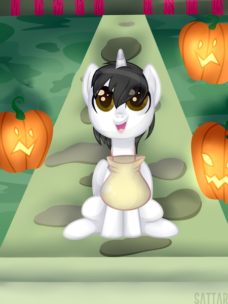 Size: 3000x4000 | Tagged: alicorn, alicorn oc, artist:danseych, colt, derpibooru import, halloween, holiday, horn, male, oc, oc:shiron, pumpkin, safe, wings, younger