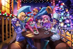 Size: 2000x1333 | Tagged: safe, artist:racoonsan, derpibooru import, angel bunny, applejack, fluttershy, pinkie pie, rainbow dash, rarity, starlight glimmer, twilight sparkle, bat pony, human, rabbit, animal, anime, applejack's hat, beautiful, belt, big breasts, blurred background, blushing, boots, breasts, busty fluttershy, busty rarity, cake, chocolate, christmas, christmas lights, christmas tree, clothes, coat, cowboy hat, cupcake, denim, drink, earmuffs, ear piercing, earring, eyelashes, eyeshadow, female, flutterbat, food, happy, hat, high res, holiday, horn, horned humanization, hot chocolate, humanized, jacket, jeans, jewelry, log, makeup, mane six, night, open mouth, outdoors, pants, piercing, race swap, santa hat, scarf, shoes, sitting, snow, spread wings, standing, stetson, sweater, sweatershy, tree, turtleneck, ushanka, winged humanization, wings, winter, winter coat