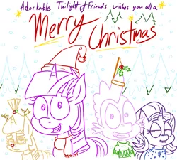 Size: 1280x1152 | Tagged: safe, artist:adorkabletwilightandfriends, derpibooru import, moondancer, spike, starlight glimmer, twilight sparkle, twilight sparkle (alicorn), alicorn, deer, dragon, pony, reindeer, unicorn, comic:adorkable twilight and friends, adorkable, adorkable twilight, antlers, christmas, christmas lights, christmas tree, clothes, cute, dork, hat, hearth's warming, hearth's warming eve, holiday, holly, holly mistaken for mistletoe, lineart, santa hat, scarf, snow, sweater, tree