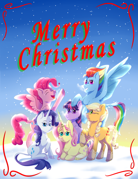 Size: 3700x4800 | Tagged: safe, artist:kiarawizard01, derpibooru import, applejack, fluttershy, pinkie pie, rainbow dash, rarity, twilight sparkle, earth pony, pegasus, pony, unicorn, spoiler:g5, applejack (g5), earth pony twilight, female, fluttershy (g5), g5, mane six, mane six (g5), mane six opening poses, mare, merry christmas, pegasus pinkie pie, pinkie pie (g5), race swap, rainbow dash (g5), rarity (g5), smiling, snow, twilight sparkle (g5), unicorn fluttershy