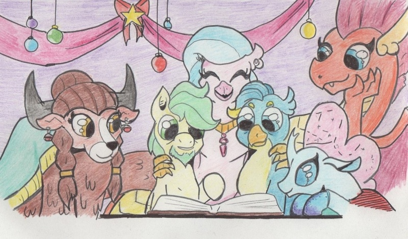 Size: 1161x681 | Tagged: safe, artist:kuroneko, derpibooru import, gallus, ocellus, sandbar, silverstream, smolder, yona, changedling, changeling, classical hippogriff, dragon, earth pony, gryphon, hippogriff, pony, yak, beard, book, colored pencil drawing, dragoness, facial hair, female, male, older, older gallus, older ocellus, older sandbar, older silverstream, older smolder, older yona, stallion, student six, traditional art