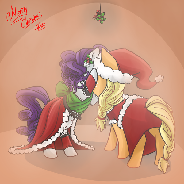 Size: 2000x2000 | Tagged: safe, artist:fnibble, derpibooru import, applejack, rarity, alternate costumes, alternate hairstyle, cute, daaaaaaaaaaaw, female, holly, holly mistaken for mistletoe, jackabetes, kissing, lesbian, love, raribetes, rarijack, shipping