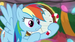 Size: 1280x720 | Tagged: candy, candy cane, derpibooru import, food, rainbow dash, safe, screencap, the great escape room